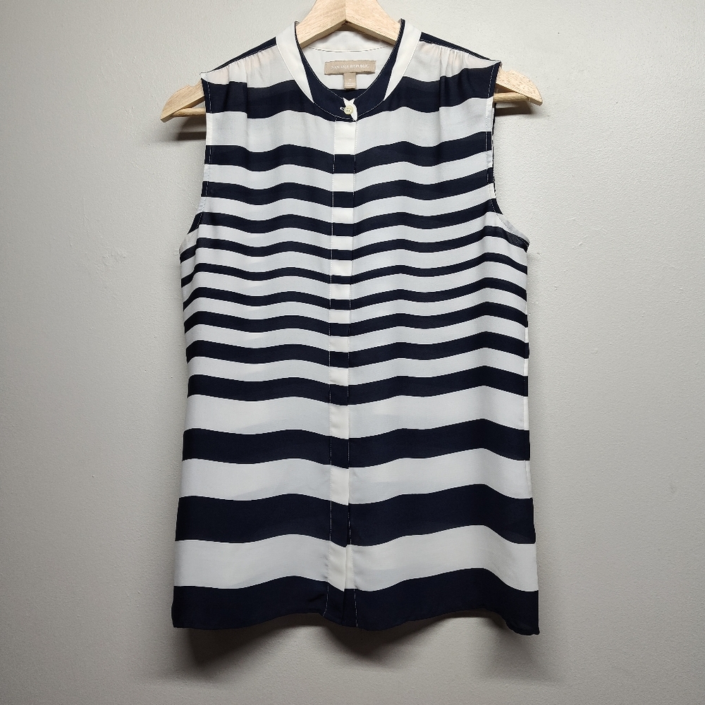 Banana Republic Top Women Sze S White Blue Stripes Sheer Chiffon Nautical Casual